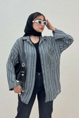 شومیز مانتویی لینن راه راه پاگن دار