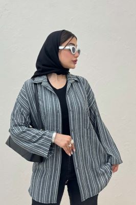 شومیز مانتویی لینن راه راه پاگن دار