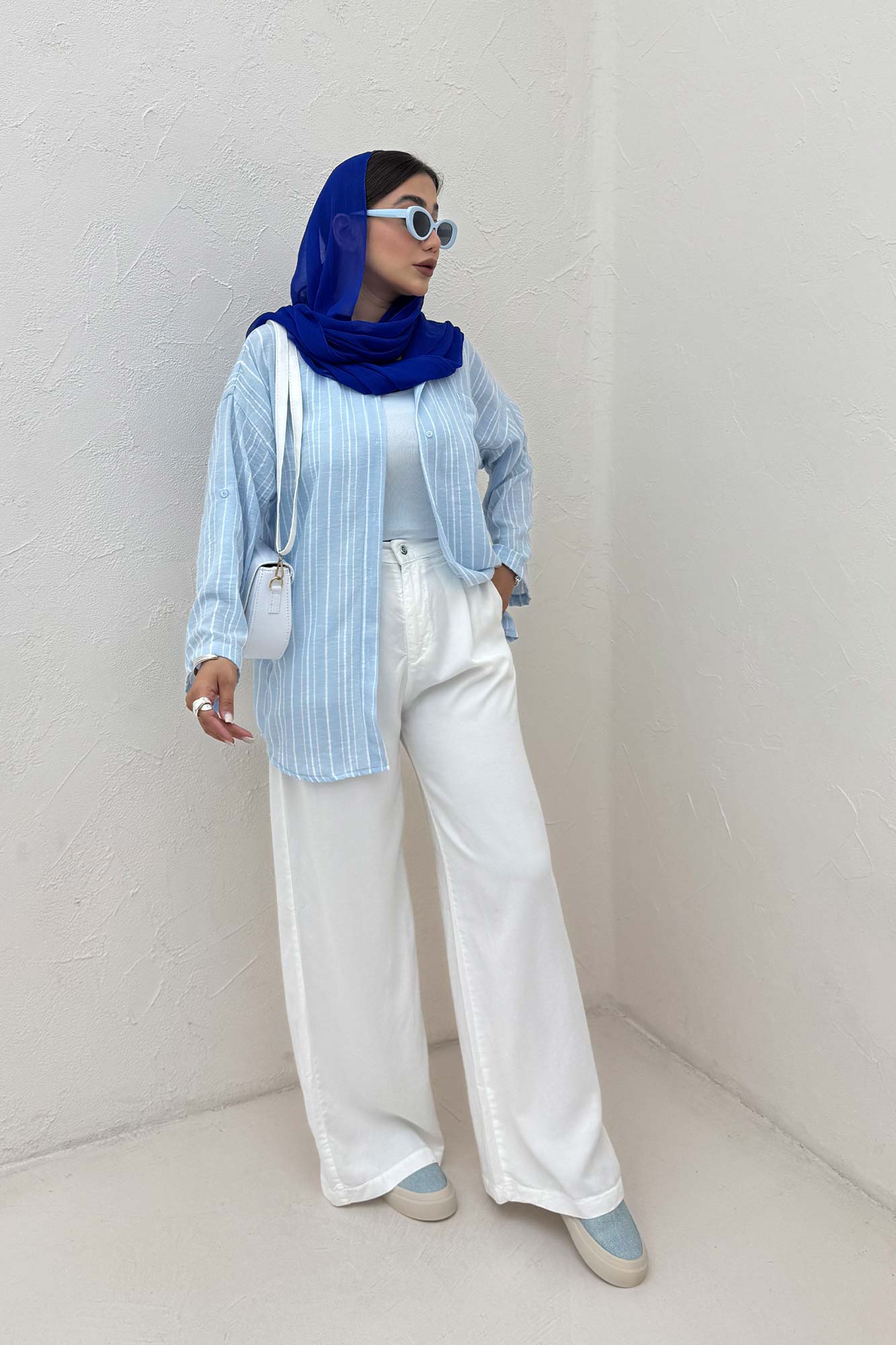 شومیز مانتویی لینن راه راه پاگن دار