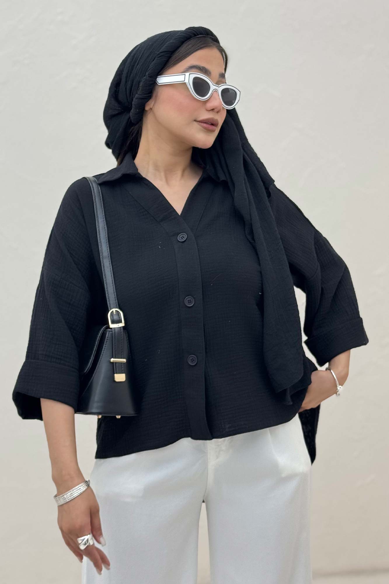 شومیز دبل فیس آستین پاکتی پشت بلند