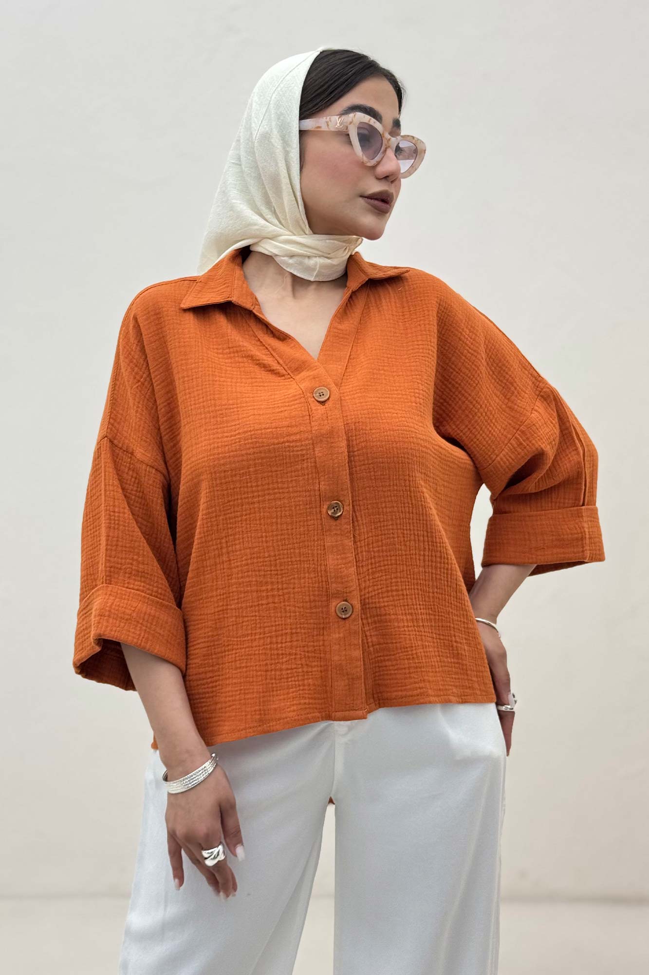 شومیز دبل فیس آستین پاکتی پشت بلند