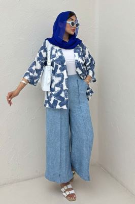 مانتو یقه شکاری لینن طرح دار کد 1