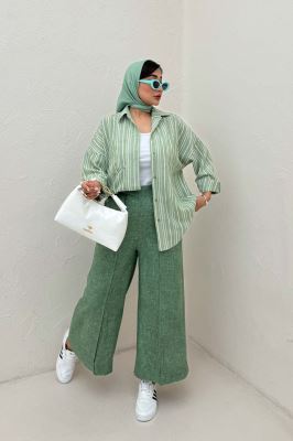 شومیز مانتویی لینن راه راه پشت پنس دار