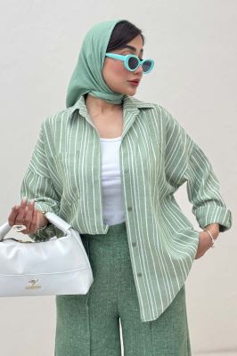 شومیز مانتویی لینن راه راه پشت پنس دار