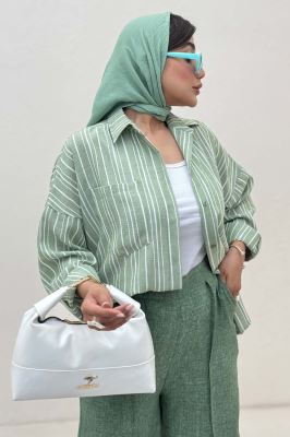 شومیز مانتویی لینن راه راه پشت پنس دار