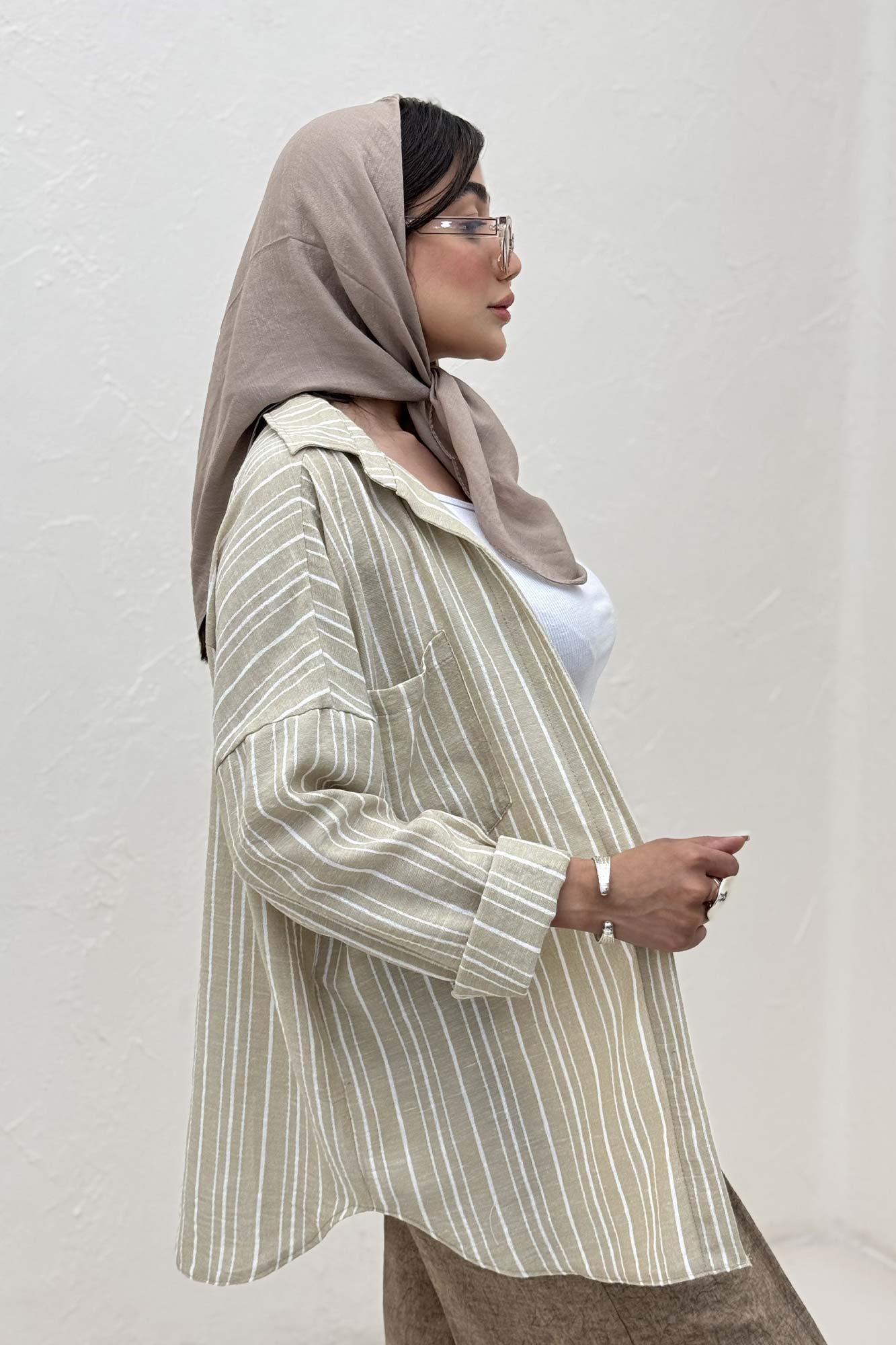 شومیز مانتویی لینن راه راه پشت پنس دار