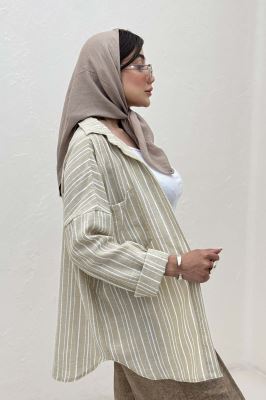 شومیز مانتویی لینن راه راه پشت پنس دار