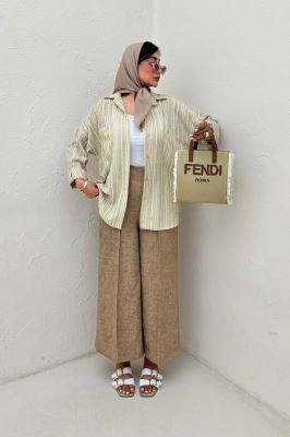 شومیز مانتویی لینن راه راه پشت پنس دار