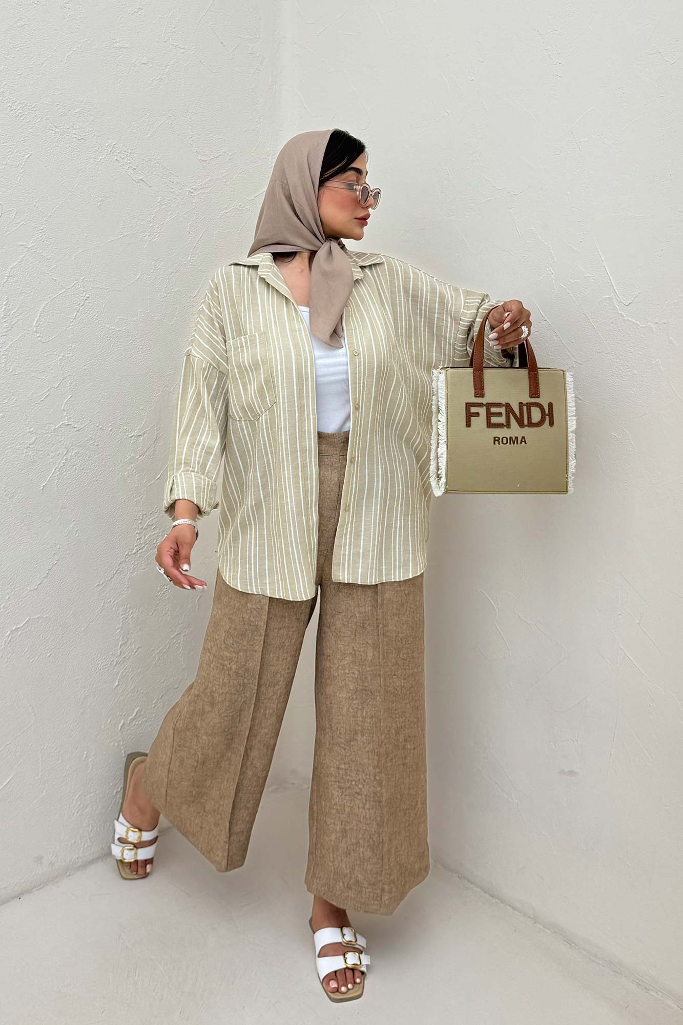 شومیز مانتویی لینن راه راه پشت پنس دار