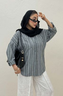 شومیز مانتویی لینن راه راه پشت پنس دار