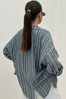 شومیز مانتویی لینن راه راه پشت پنس دار