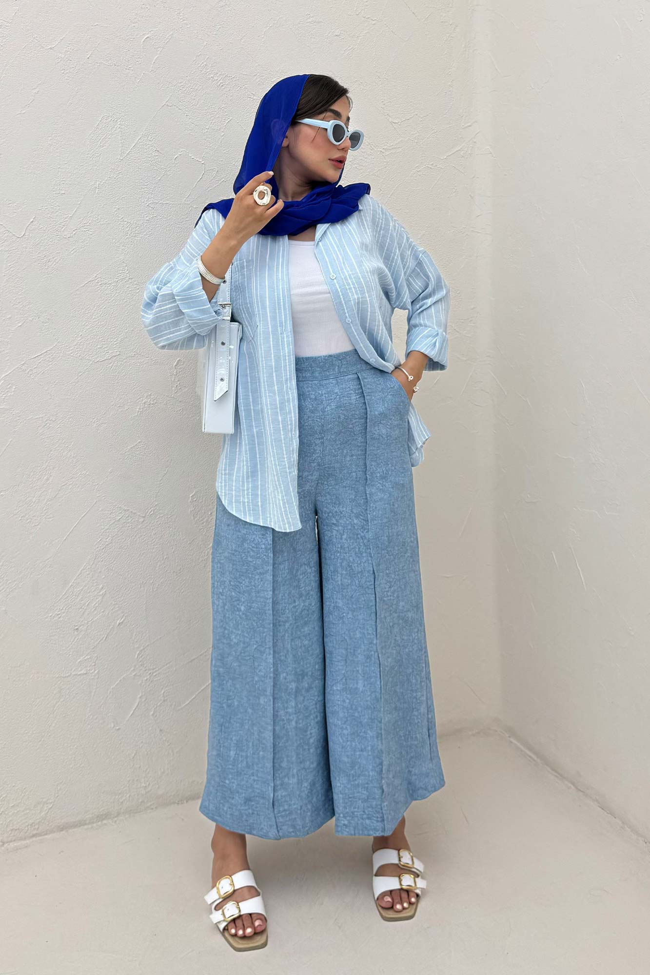 شومیز مانتویی لینن راه راه پشت پنس دار