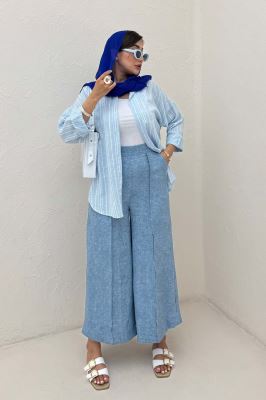 شومیز مانتویی لینن راه راه پشت پنس دار