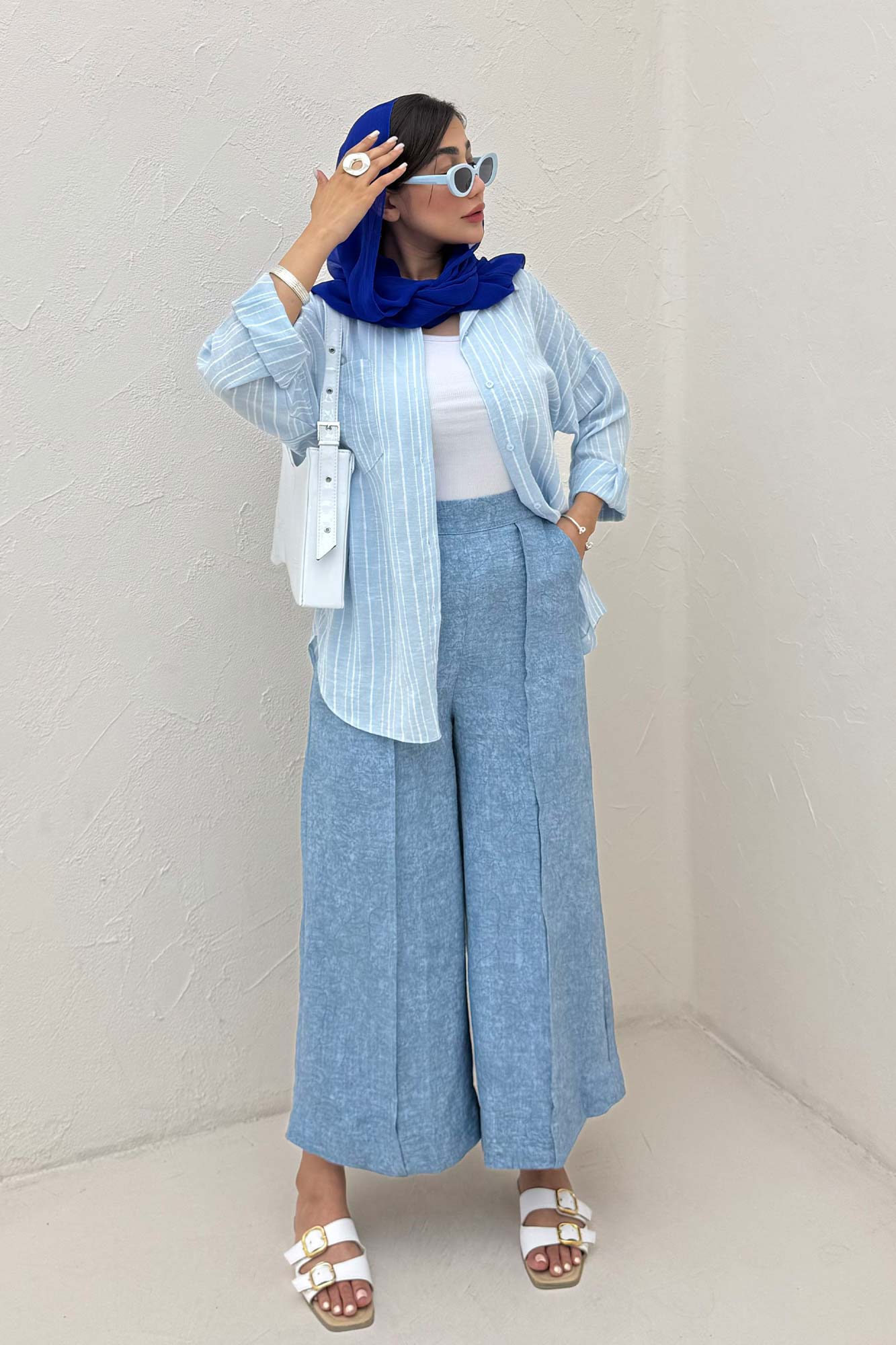 شومیز مانتویی لینن راه راه پشت پنس دار