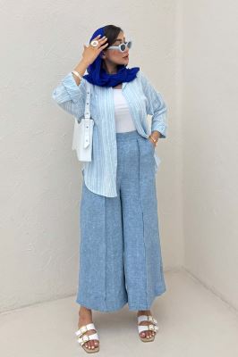 شومیز مانتویی لینن راه راه پشت پنس دار