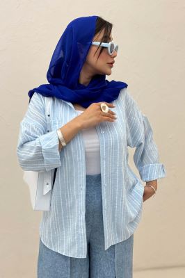 شومیز مانتویی لینن راه راه پشت پنس دار