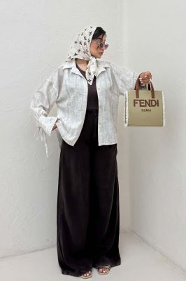 شومیز مانتویی لینن پرینتی آستین بنددار