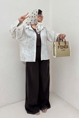 شومیز مانتویی لینن پرینتی آستین بنددار