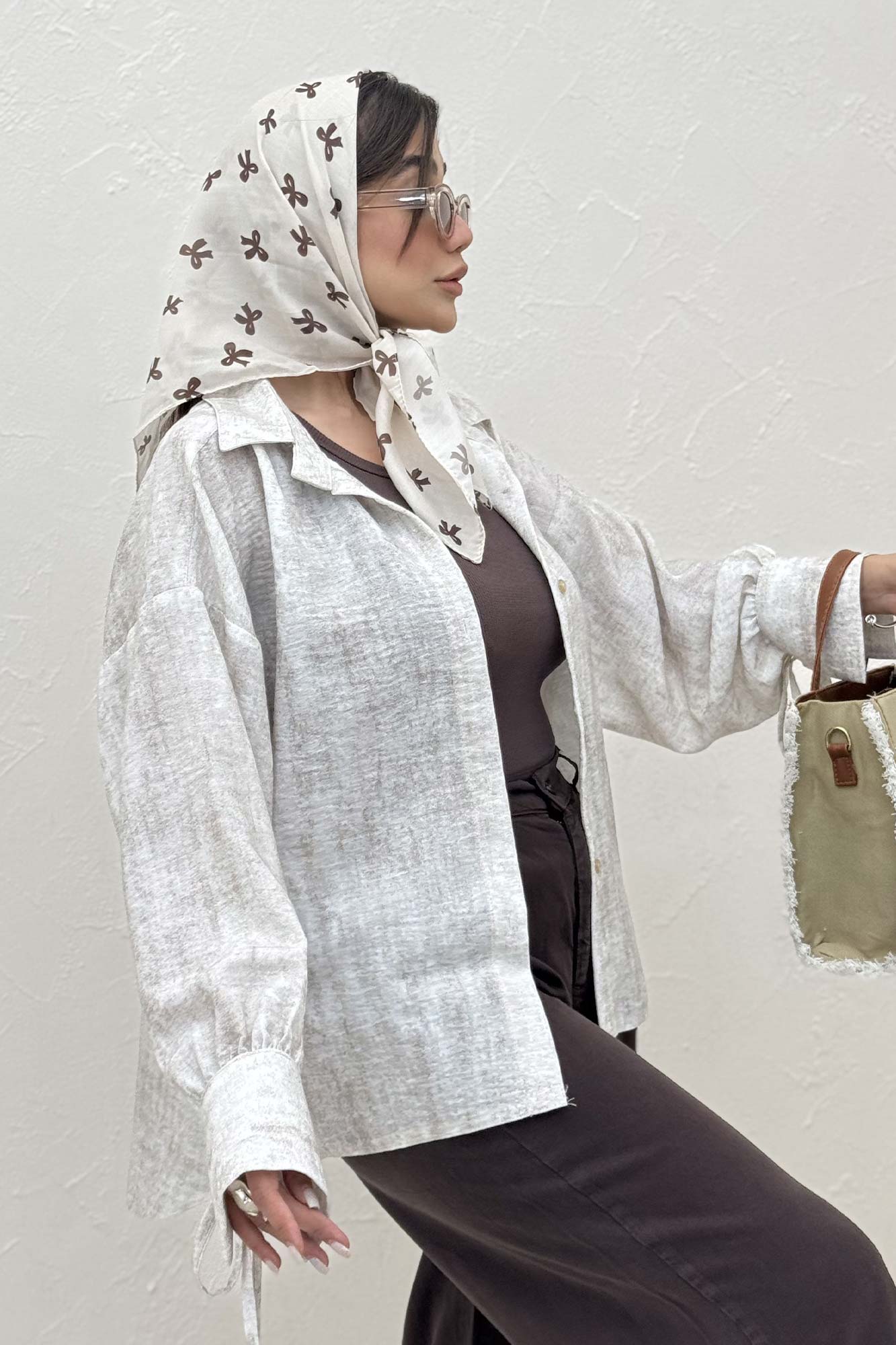 شومیز مانتویی لینن پرینتی آستین بنددار