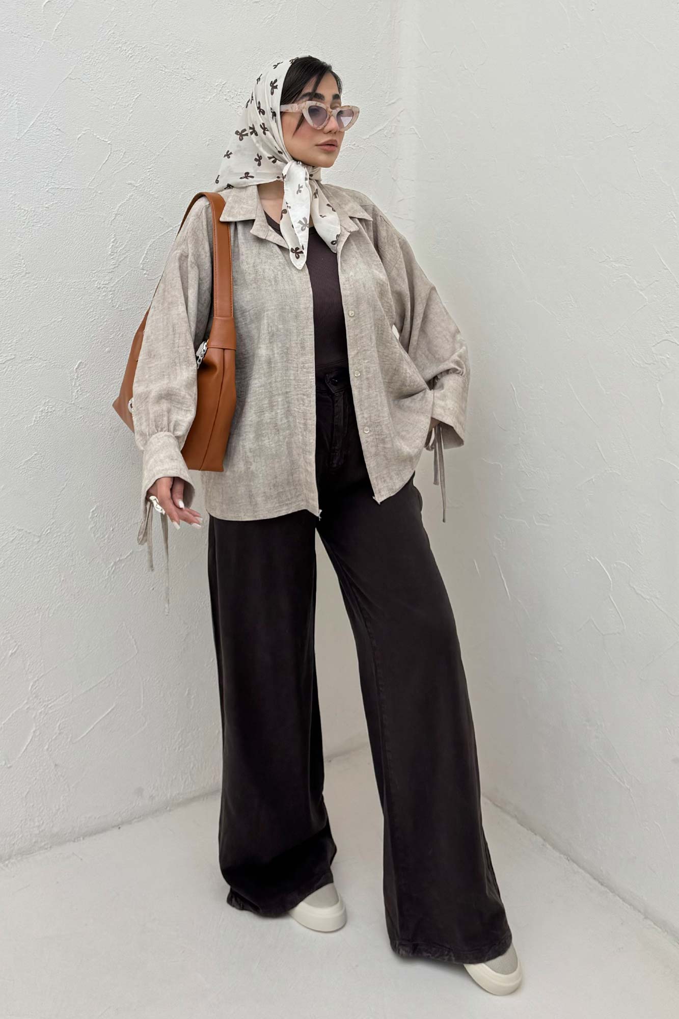 شومیز مانتویی لینن پرینتی آستین بنددار