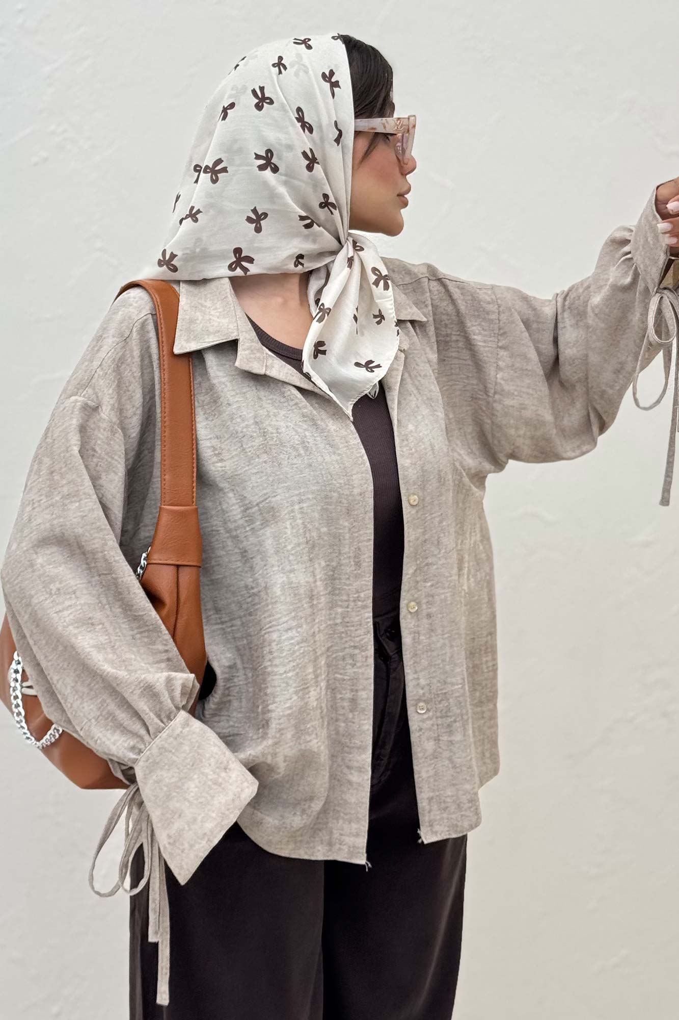 شومیز مانتویی لینن پرینتی آستین بنددار