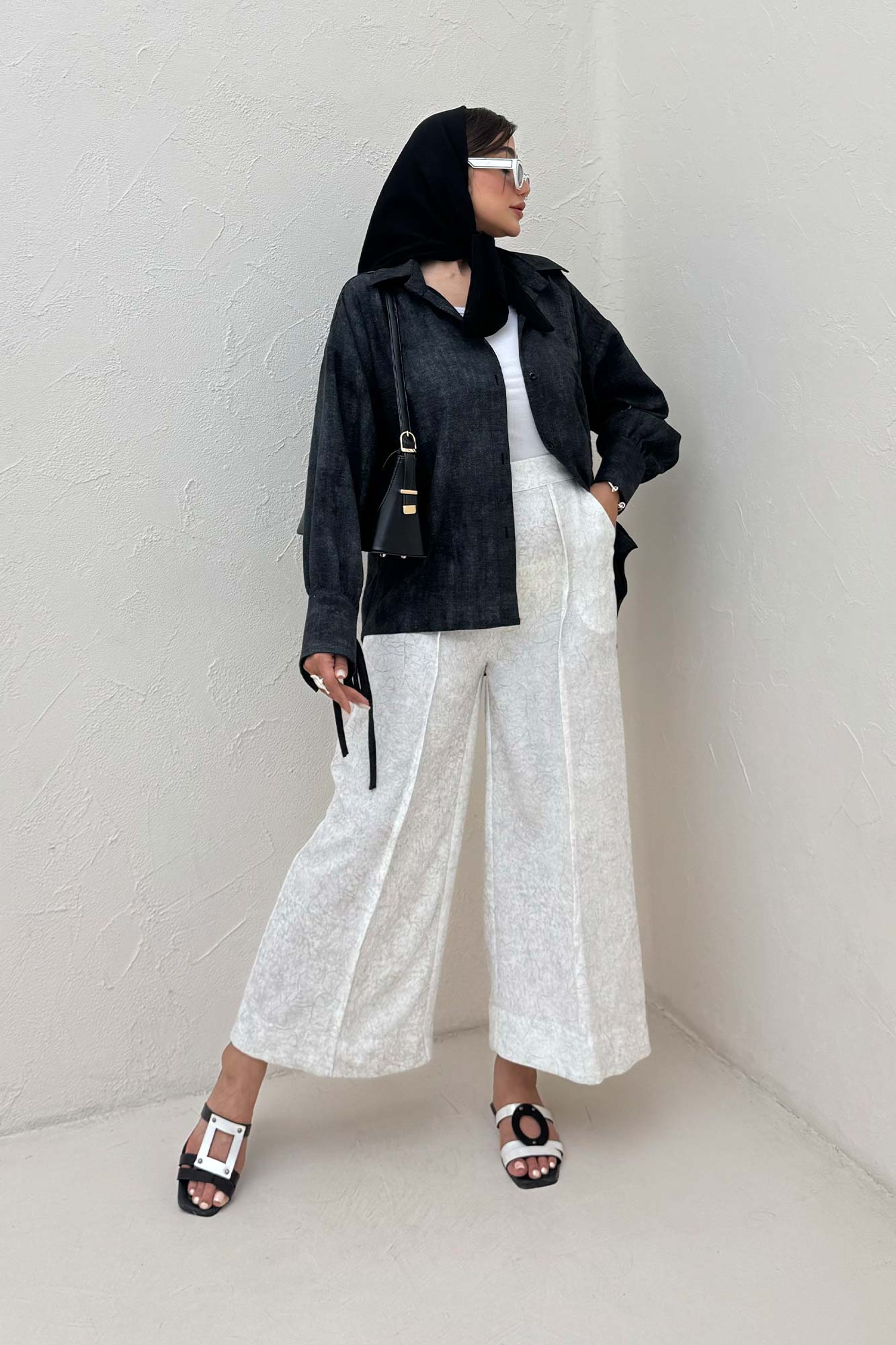 شومیز مانتویی لینن پرینتی آستین بنددار