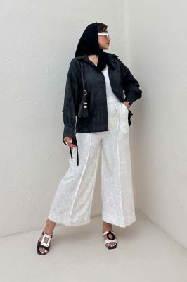 شومیز مانتویی لینن پرینتی آستین بنددار