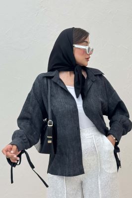 شومیز مانتویی لینن پرینتی آستین بنددار