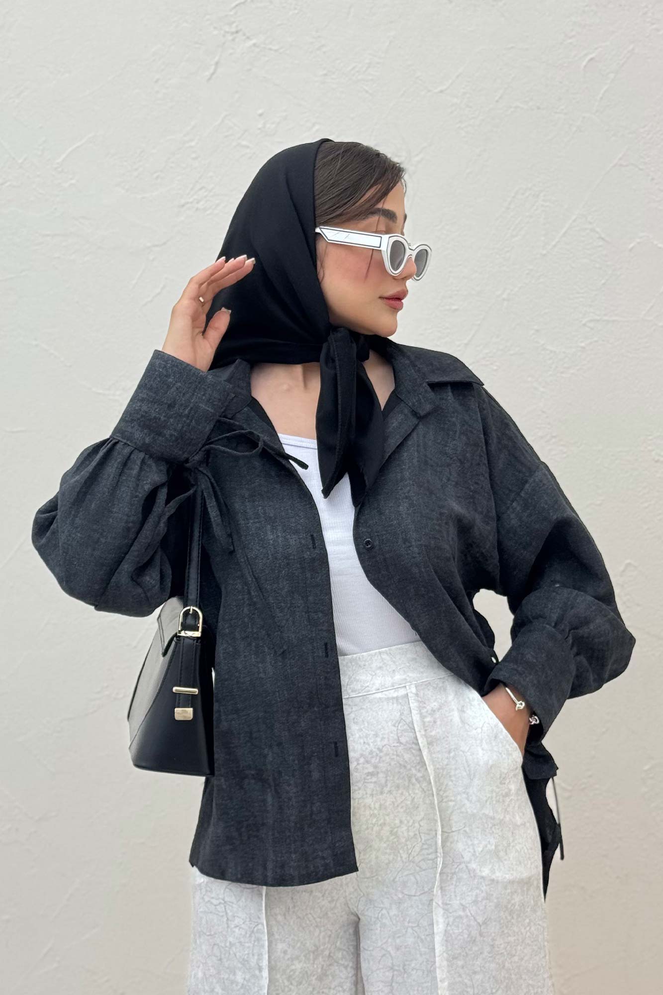 شومیز مانتویی لینن پرینتی آستین بنددار