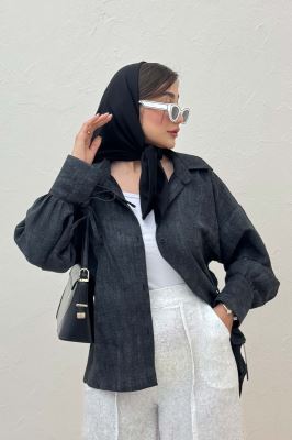 شومیز مانتویی لینن پرینتی آستین بنددار