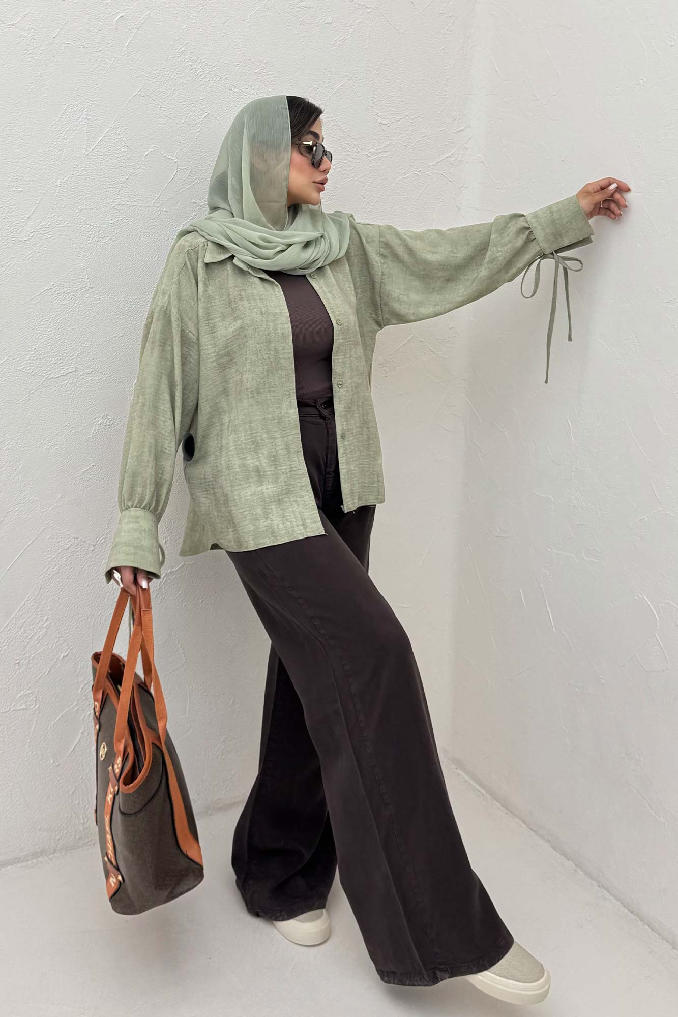 شومیز مانتویی لینن پرینتی آستین بنددار