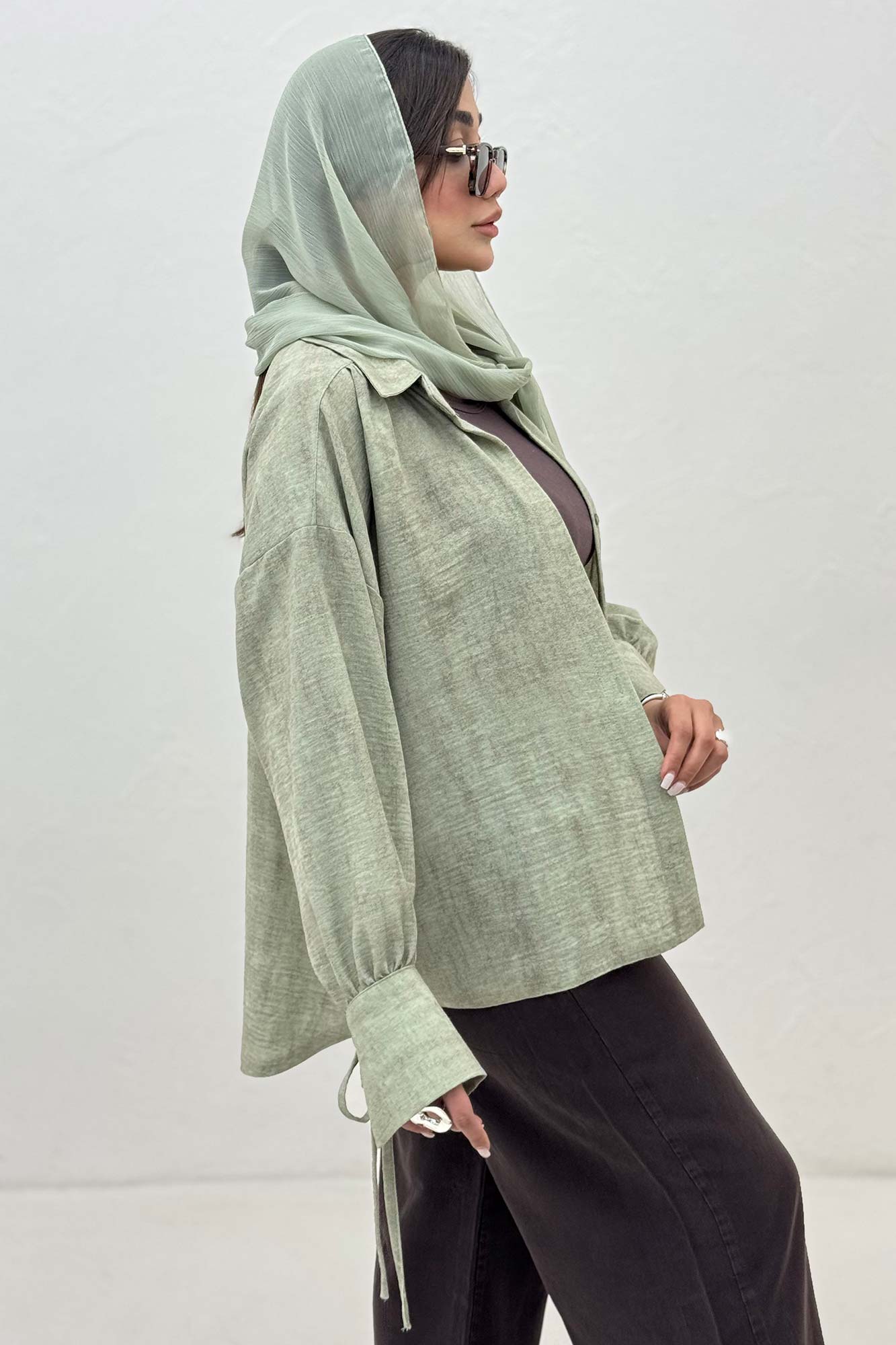 شومیز مانتویی لینن پرینتی آستین بنددار