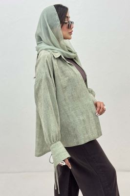 شومیز مانتویی لینن پرینتی آستین بنددار