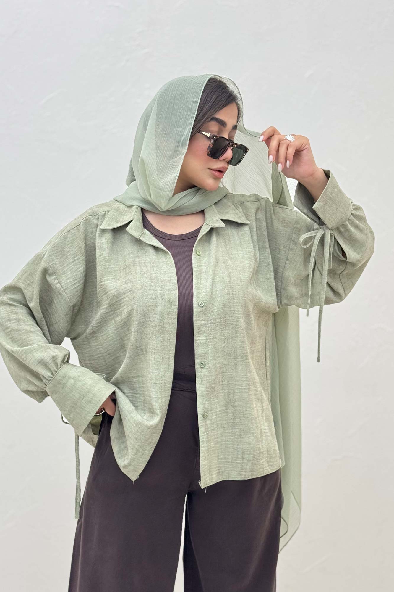 شومیز مانتویی لینن پرینتی آستین بنددار