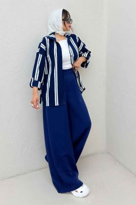 شومیز مانتویی پفکی راه راه آستین پاگن