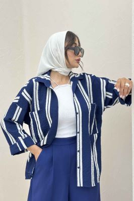 شومیز مانتویی پفکی راه راه آستین پاگن