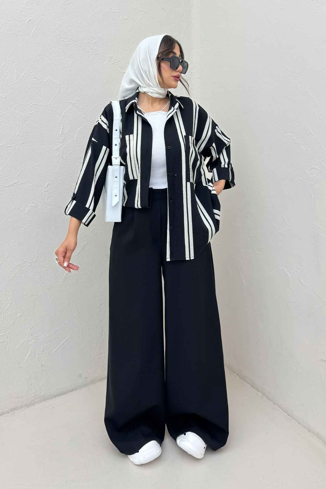 شومیز مانتویی پفکی راه راه آستین پاگن