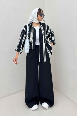 شومیز مانتویی پفکی راه راه آستین پاگن