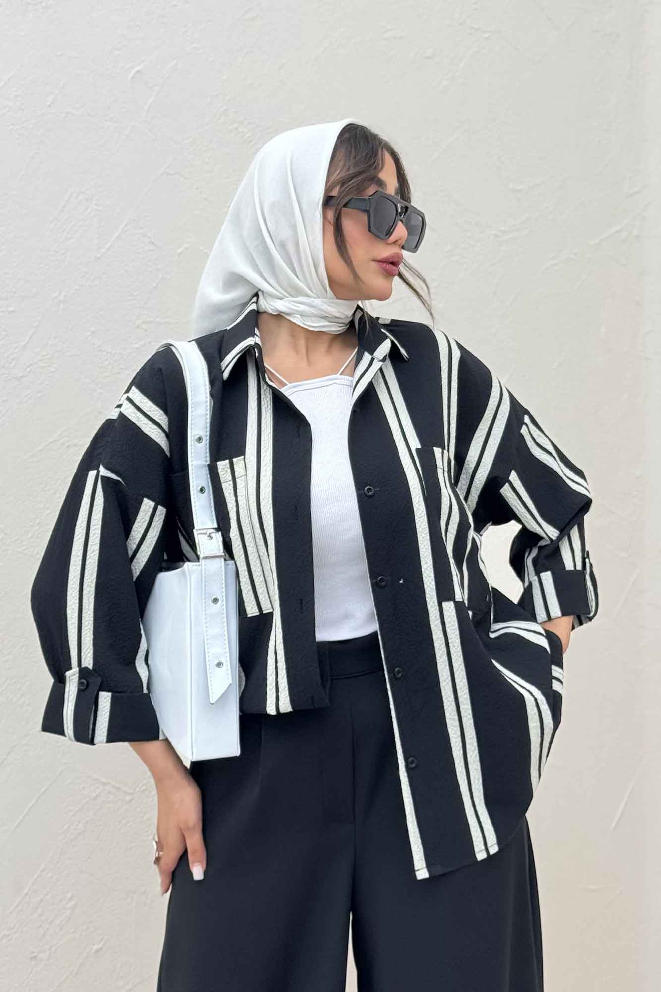 شومیز مانتویی پفکی راه راه آستین پاگن