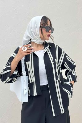 شومیز مانتویی پفکی راه راه آستین پاگن