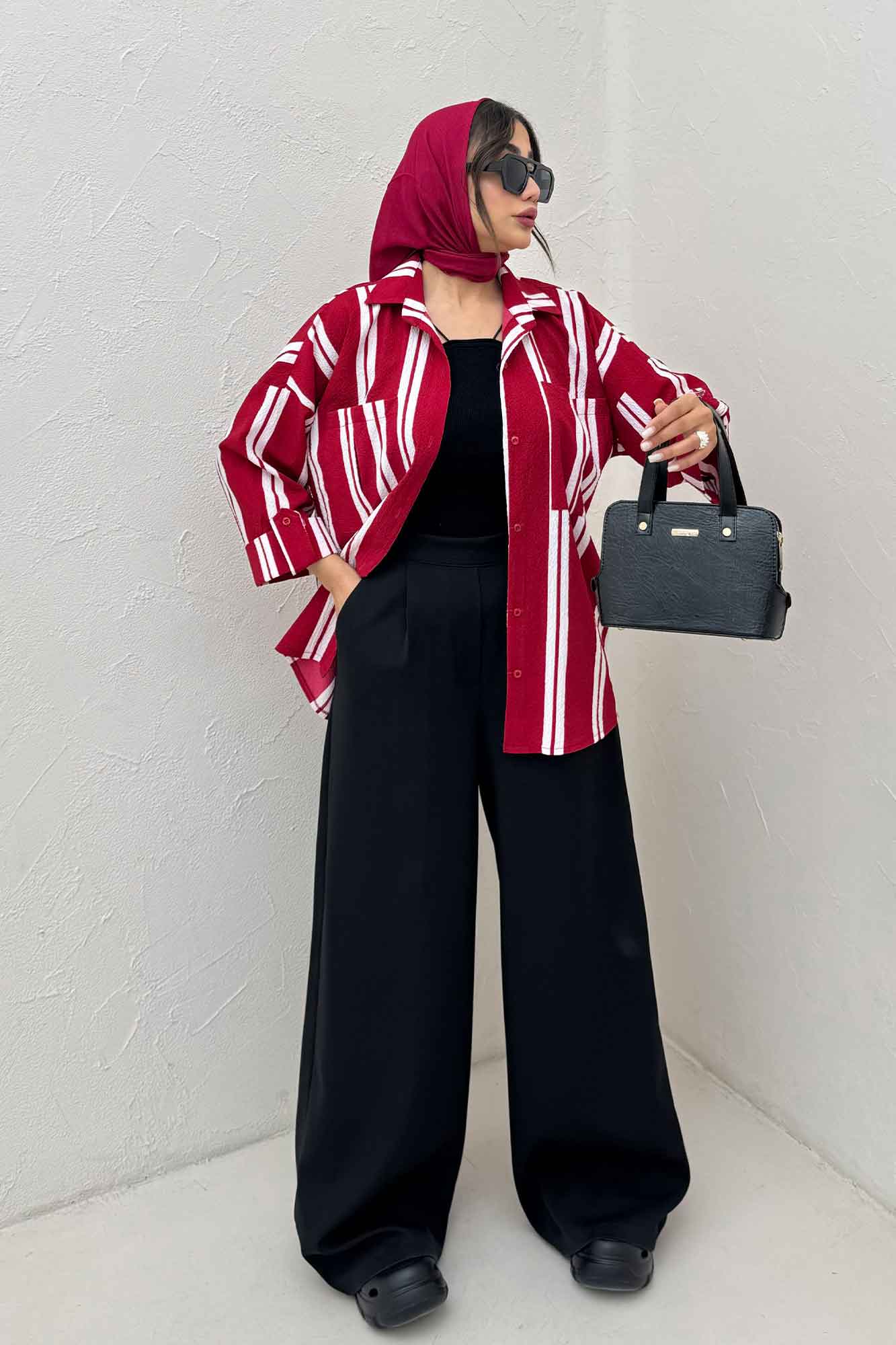 شومیز مانتویی پفکی راه راه آستین پاگن