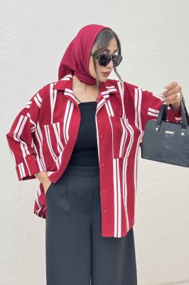 شومیز مانتویی پفکی راه راه آستین پاگن