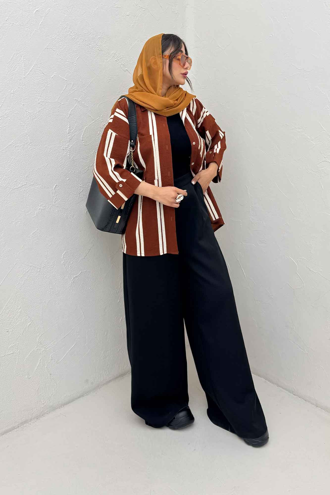 شومیز مانتویی پفکی راه راه آستین پاگن