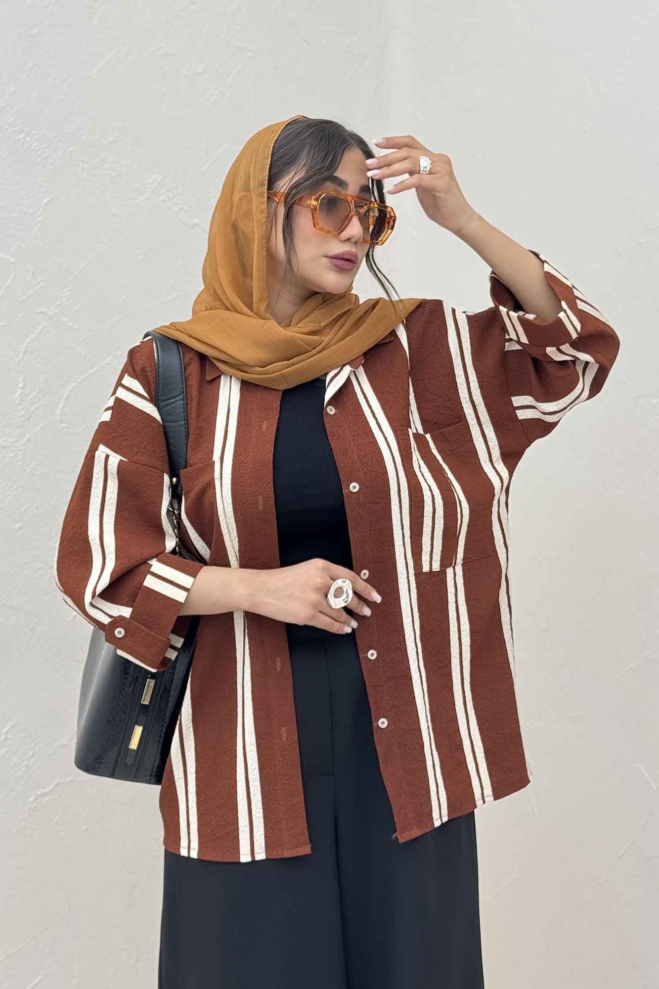 شومیز مانتویی پفکی راه راه آستین پاگن