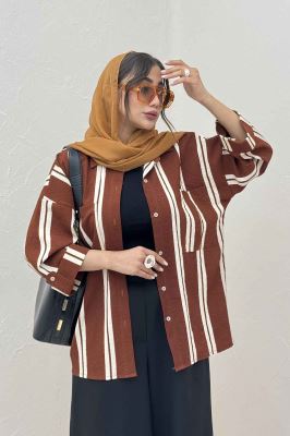 شومیز مانتویی پفکی راه راه آستین پاگن