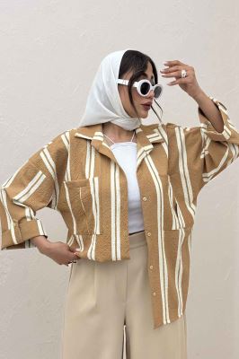 شومیز مانتویی پفکی راه راه آستین پاگن