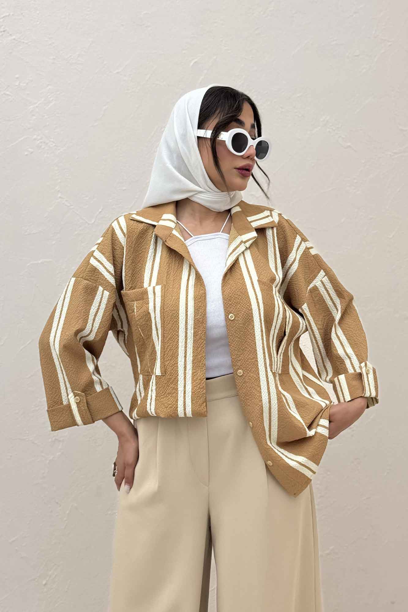 شومیز مانتویی پفکی راه راه آستین پاگن