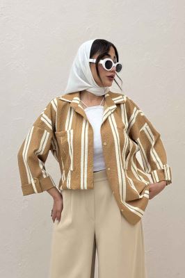 شومیز مانتویی پفکی راه راه آستین پاگن