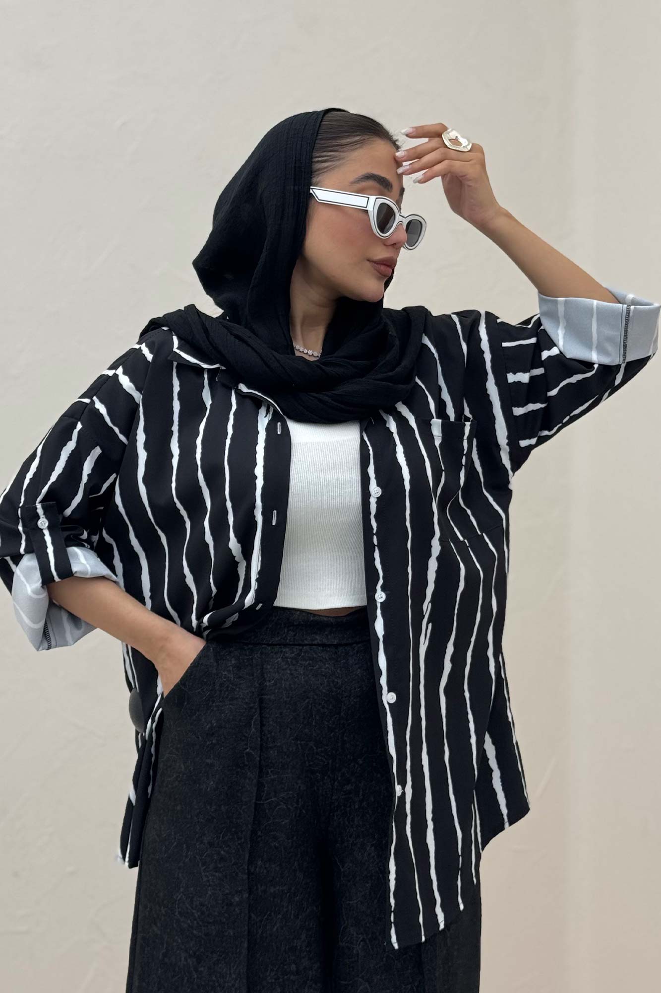 شومیز مانتویی تک جیب پری آستین پاگن