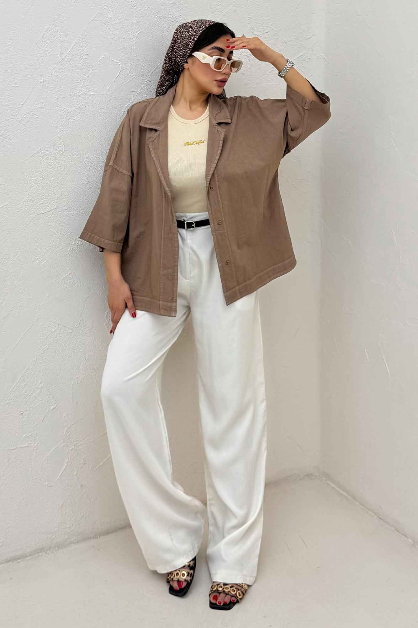 مانتو لینن آستین سه رب یقه شکاری TR